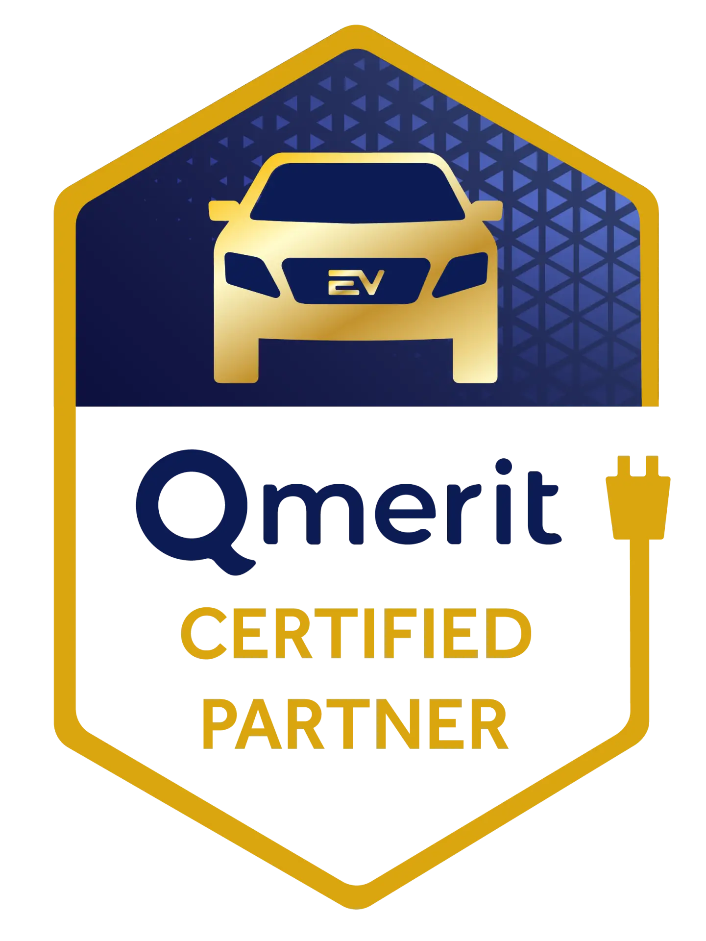 Logo of Qmerit Certified Partner featuring an electric vehicle icon and geometric design elements.