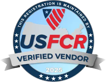USFCR verified vendor seal for 2025 featuring a map of the United States and an American flag design.
